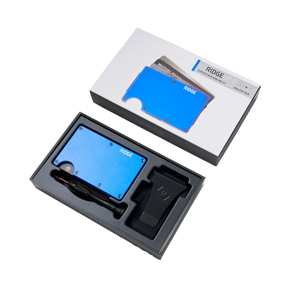 Ridge Wallet High Dive Blue Aluminum With Cash Strap And Money Clip