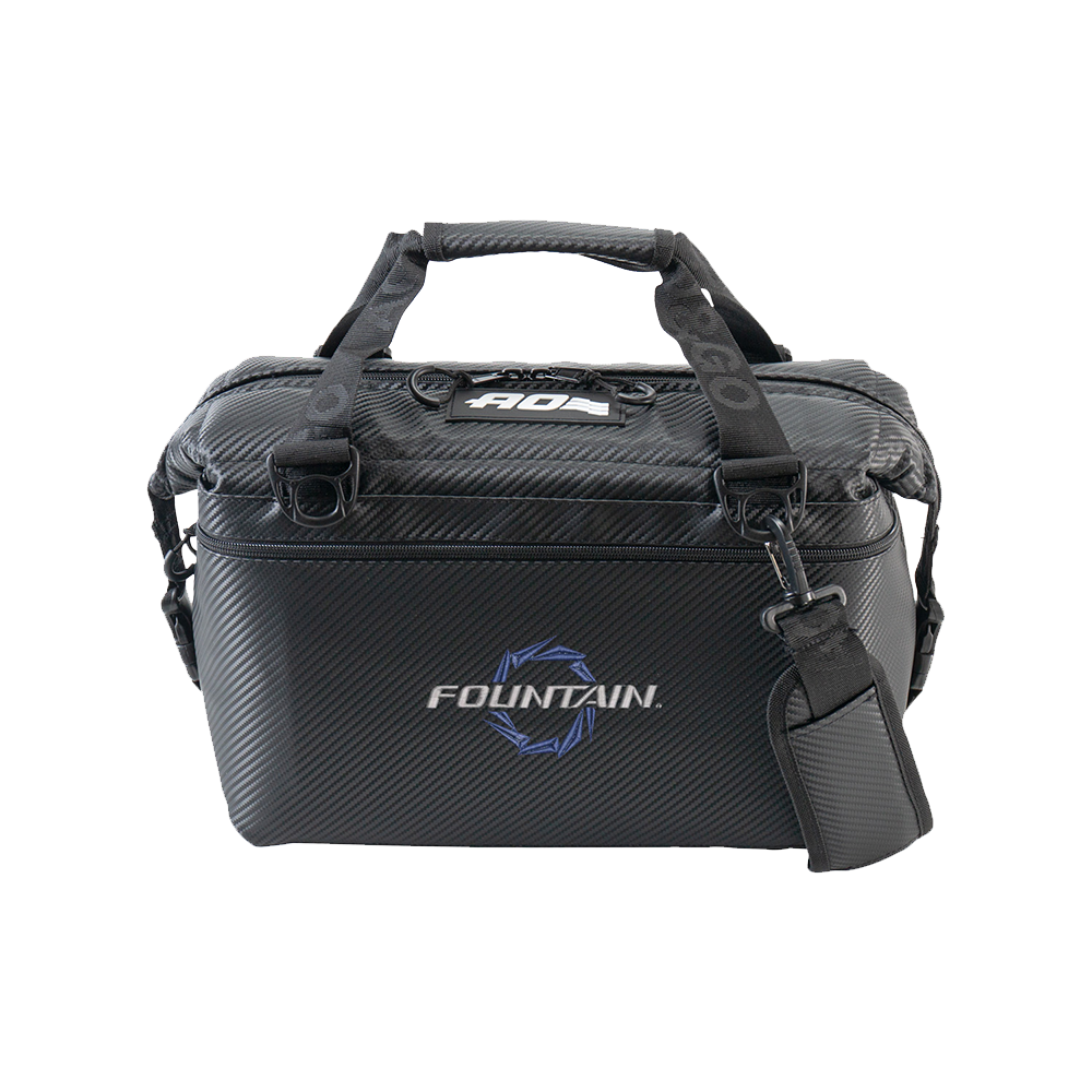 Fountain Powerboats AO Carbon Black Soft Cooler 12 Blue Logo